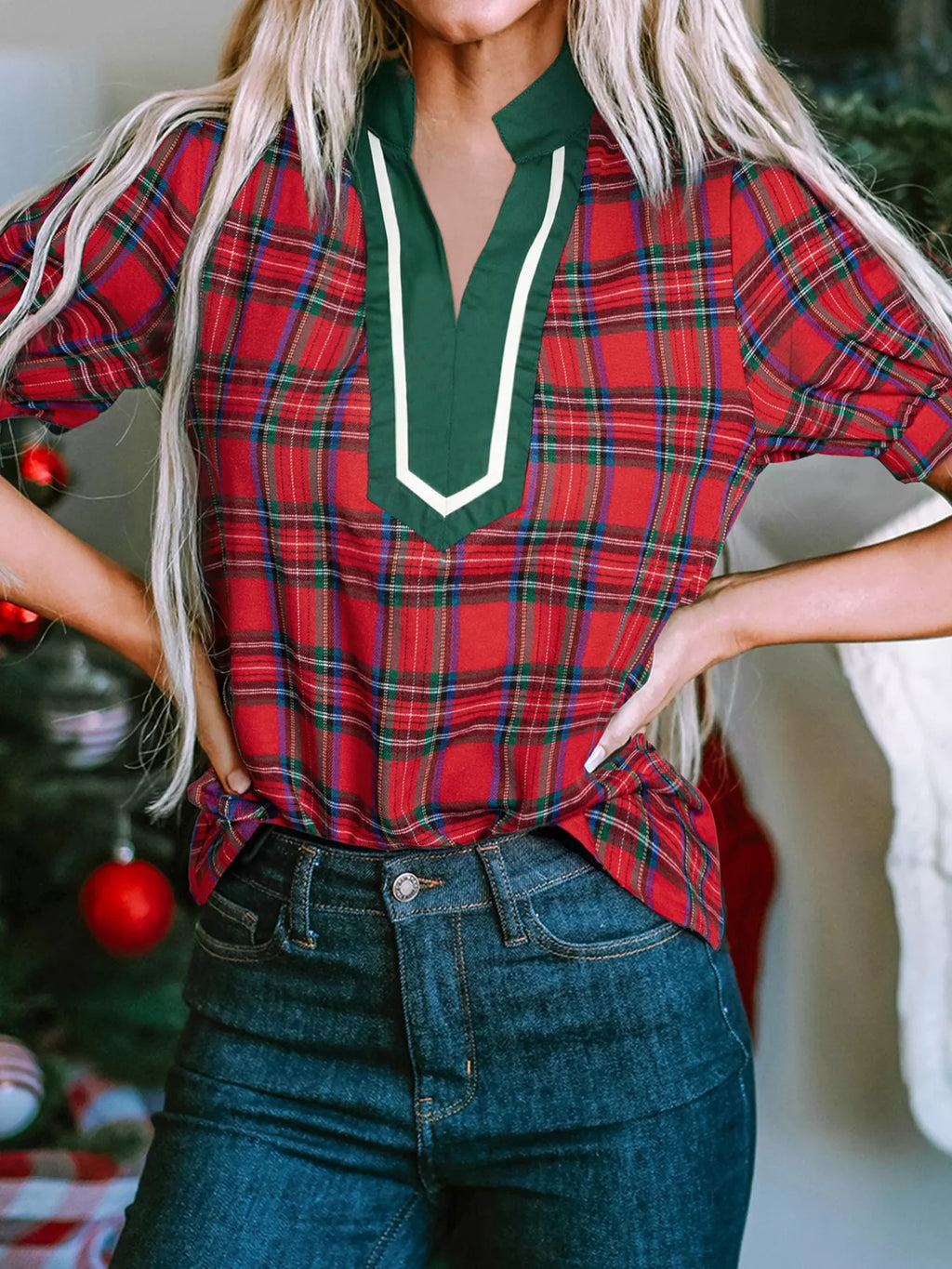 Plaid Notched Short Sleeve Blouse