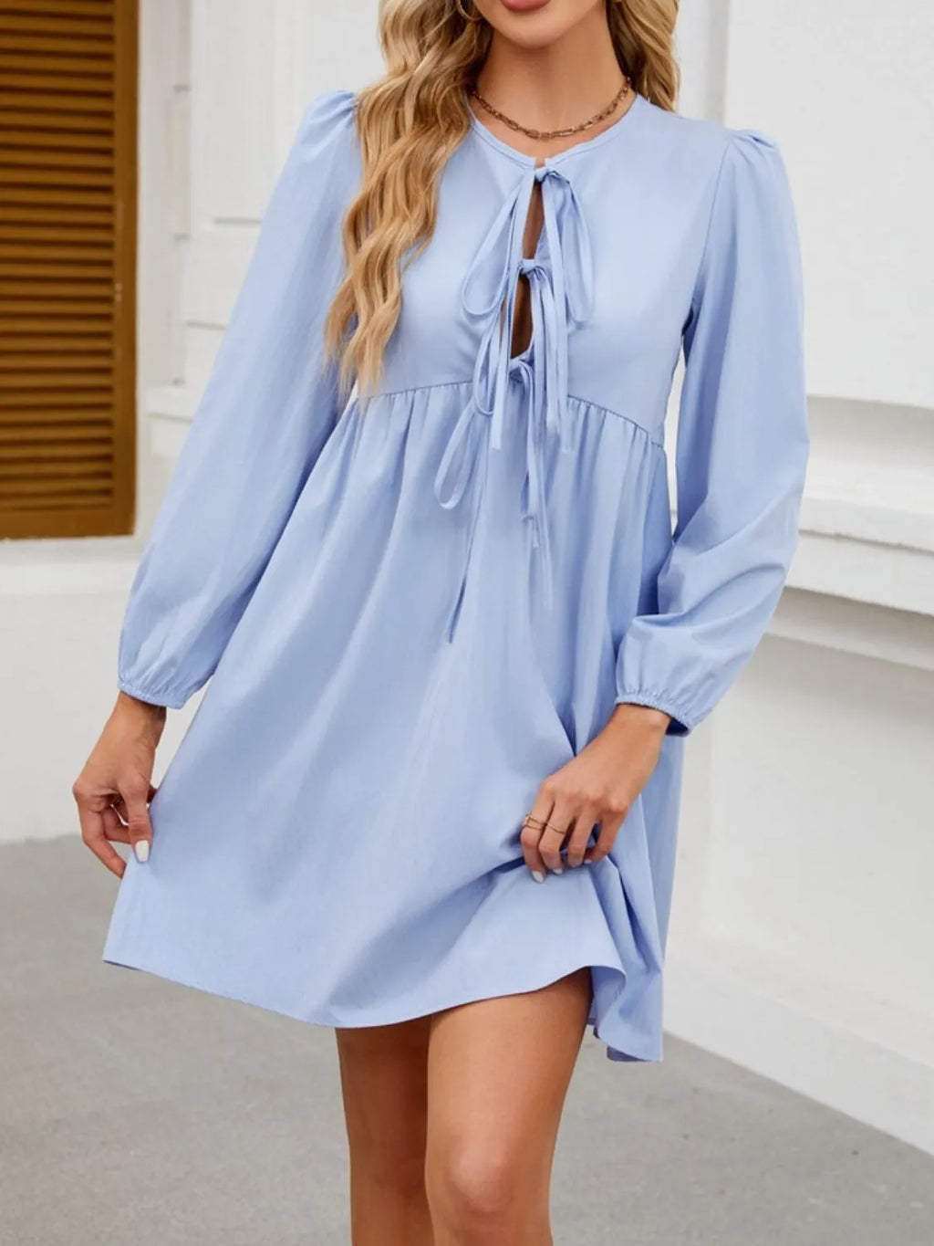 Tie Front Long Sleeve Mini Dress