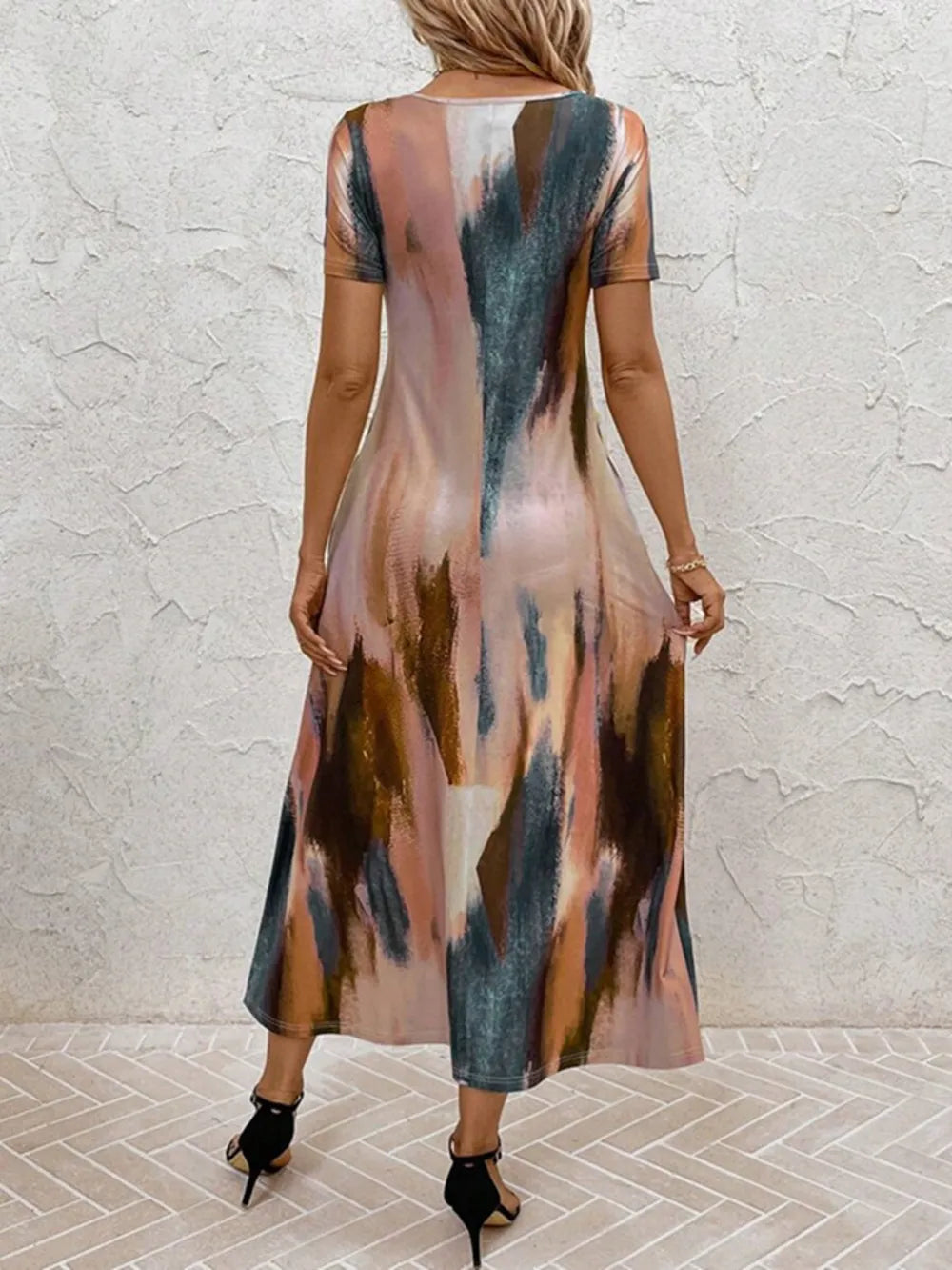 Tie-Dye V-Neck Short Sleeve Midi Tee Dress