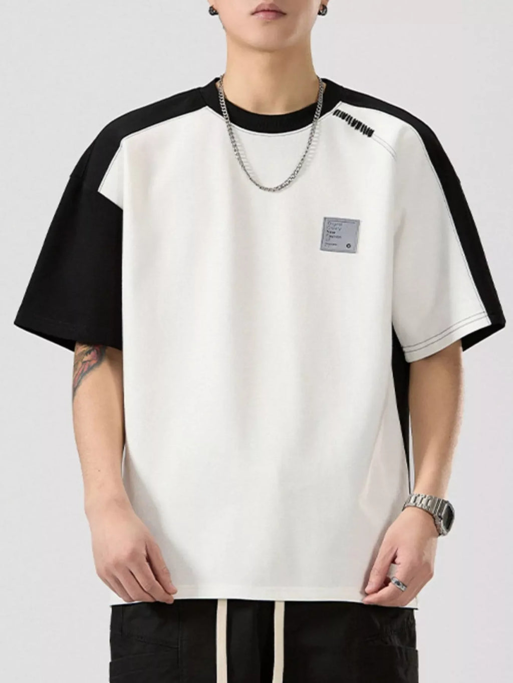 Men's Full Size Contrast Round Neck Short Sleeve T-Shirt Plus Size