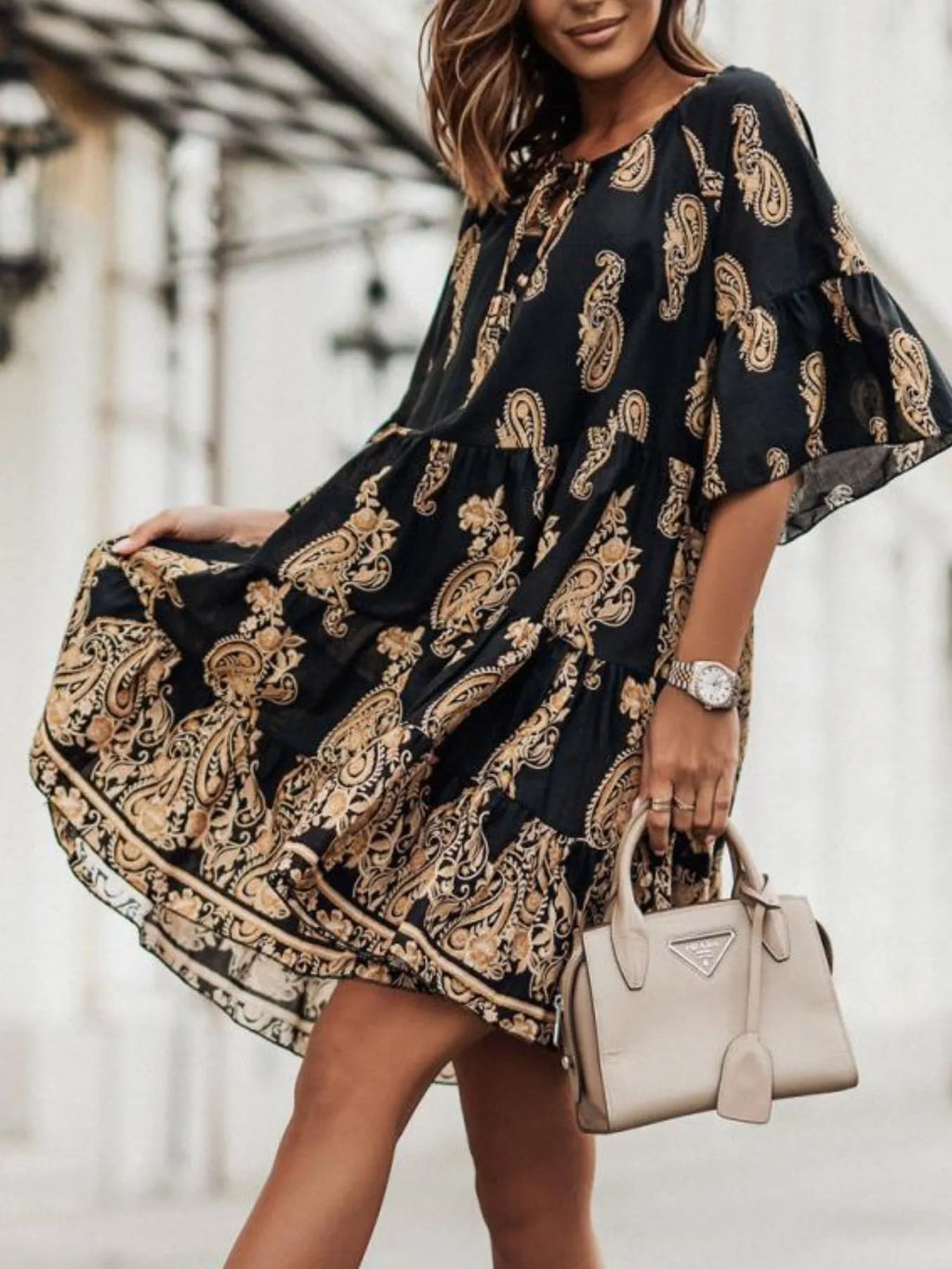 Paisley Print Tie Neck Half Sleeve Mini Dress