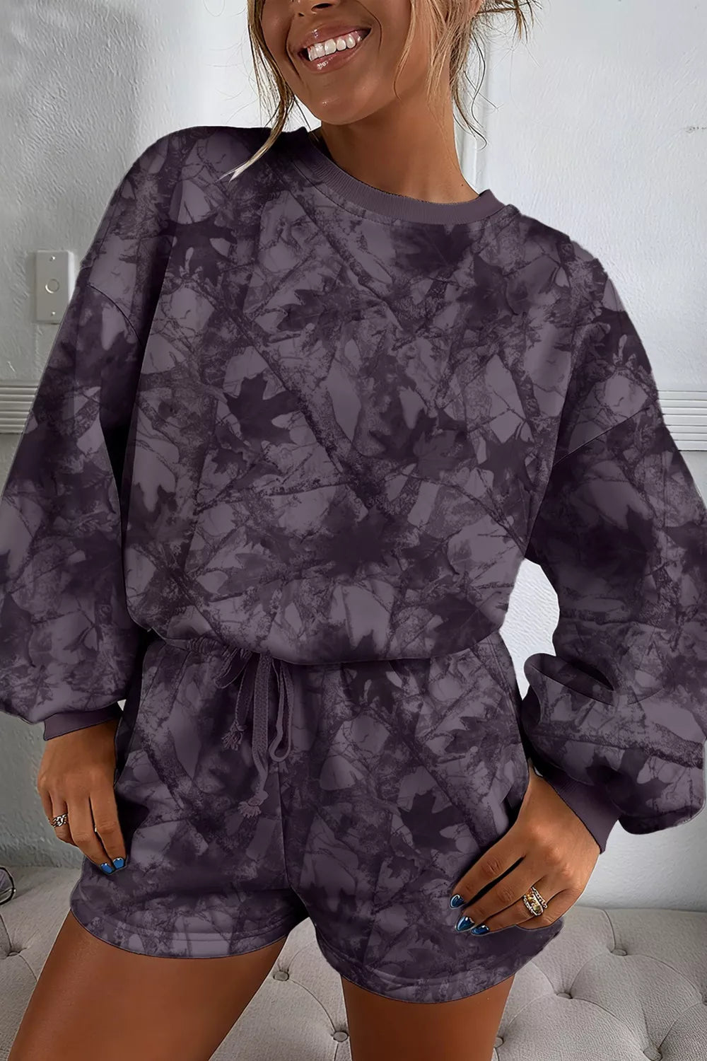 Abstract Woodland Camo Print Baggy Pullover Drawstring Shorts Set