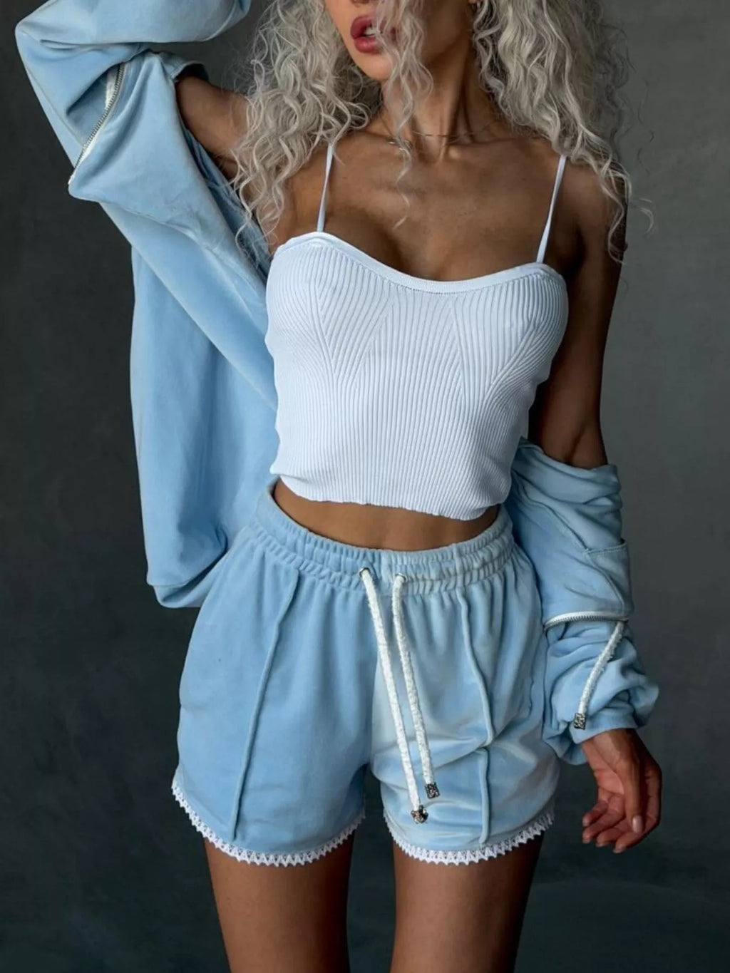 Zip Up Hooded Outerwear and Shorts Set