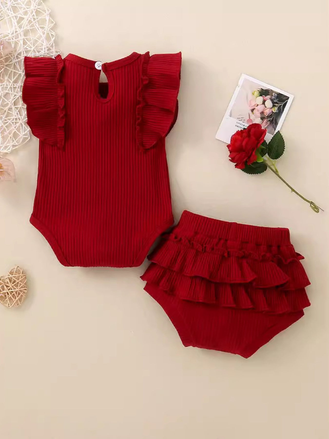 Children's Ribbed Ruffle Trim Bodysuit & Shorts Set