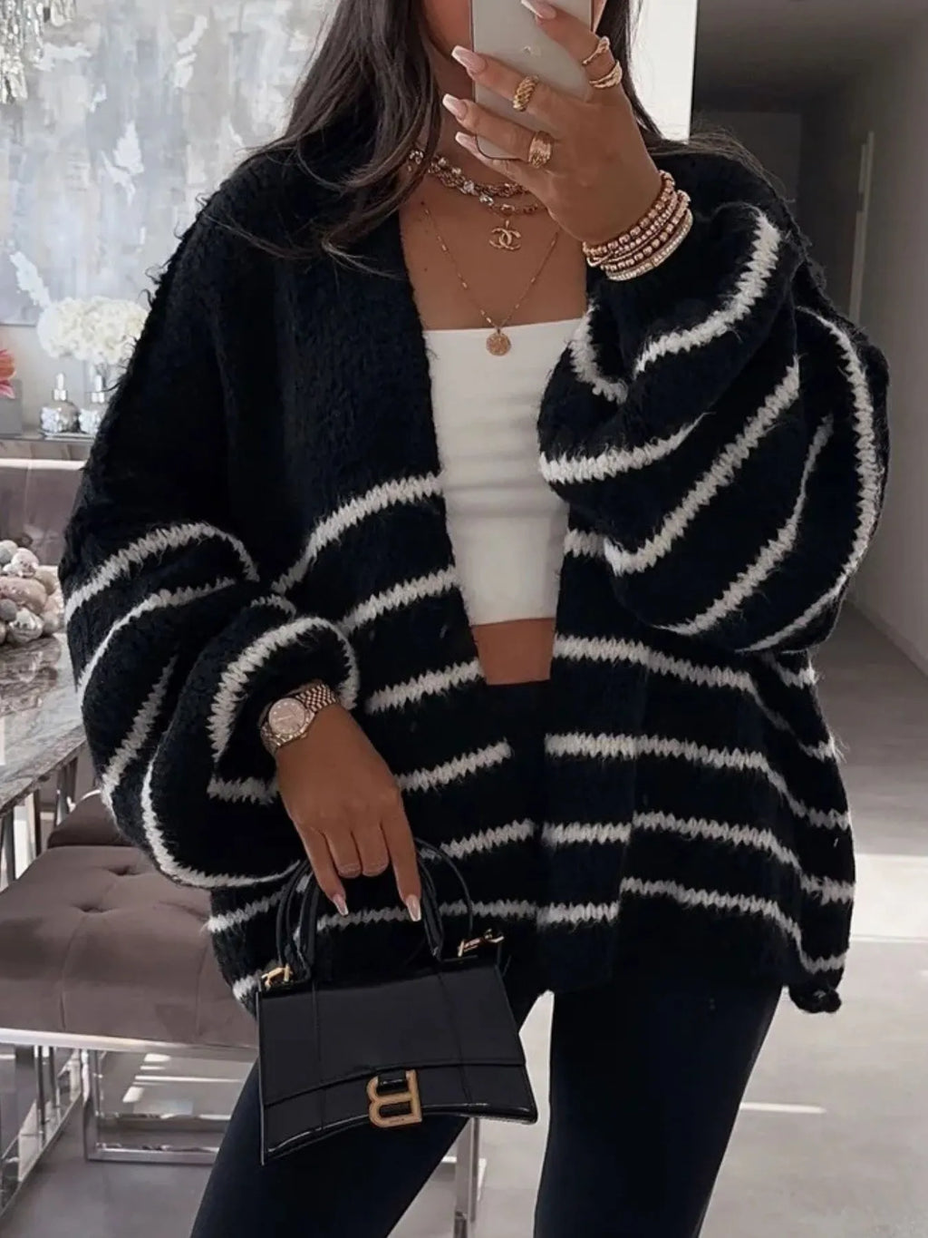 Striped Open Front Dropped Shoulder Cardigan
