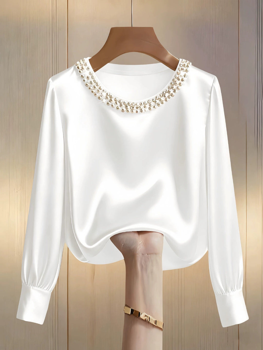 Pearl Trim Round Neck Silk Blouse