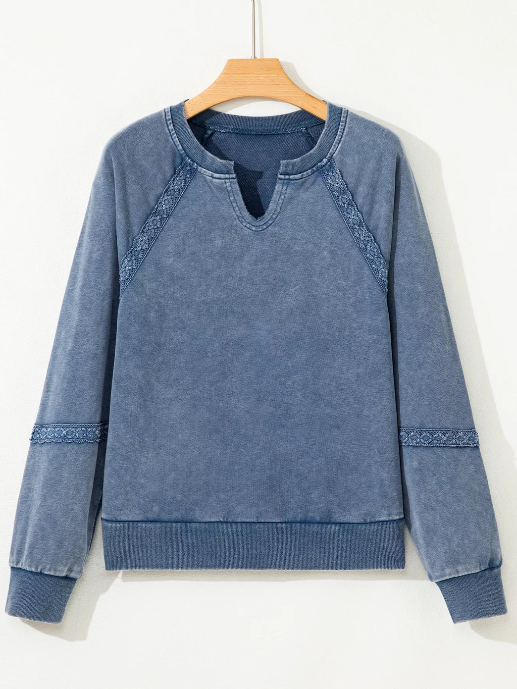 Lace Patchwork Detail Notched Neck Mineral Wash Baggy Sweatshirt