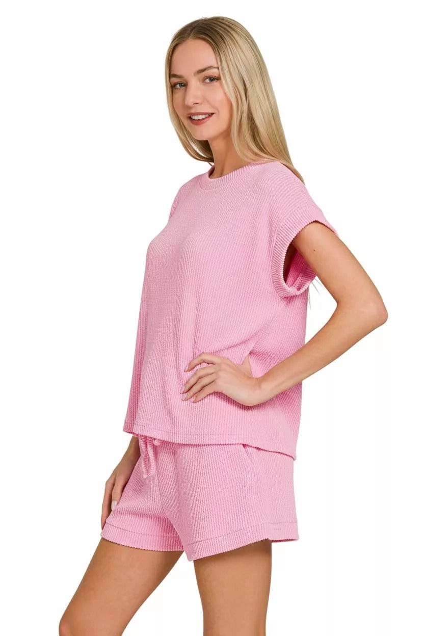 Zenana Raised Rib Cap Sleeve Top & Shorts Set