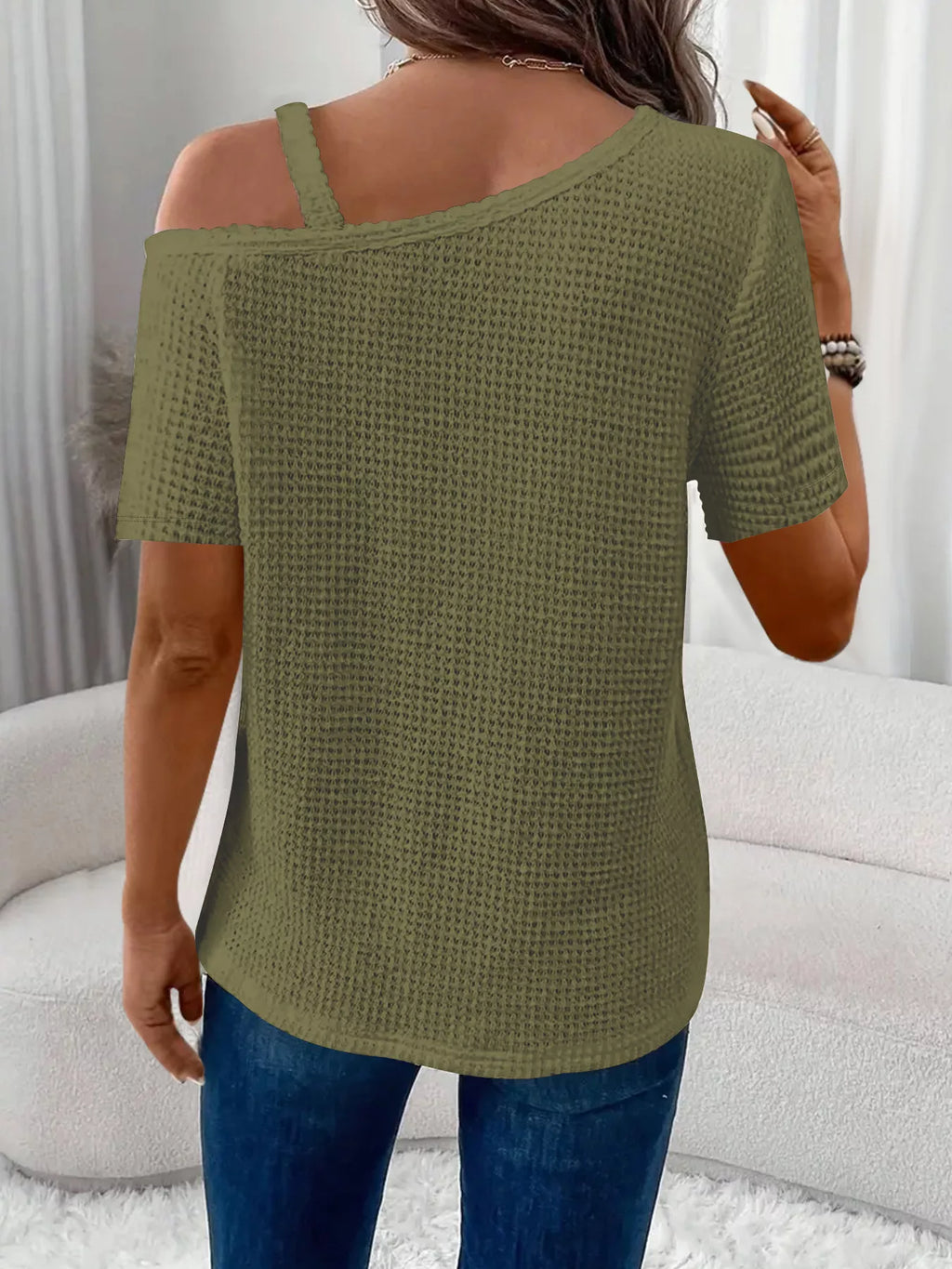 One-Shoulder Chain Detail Waffle Knit T-Shirt