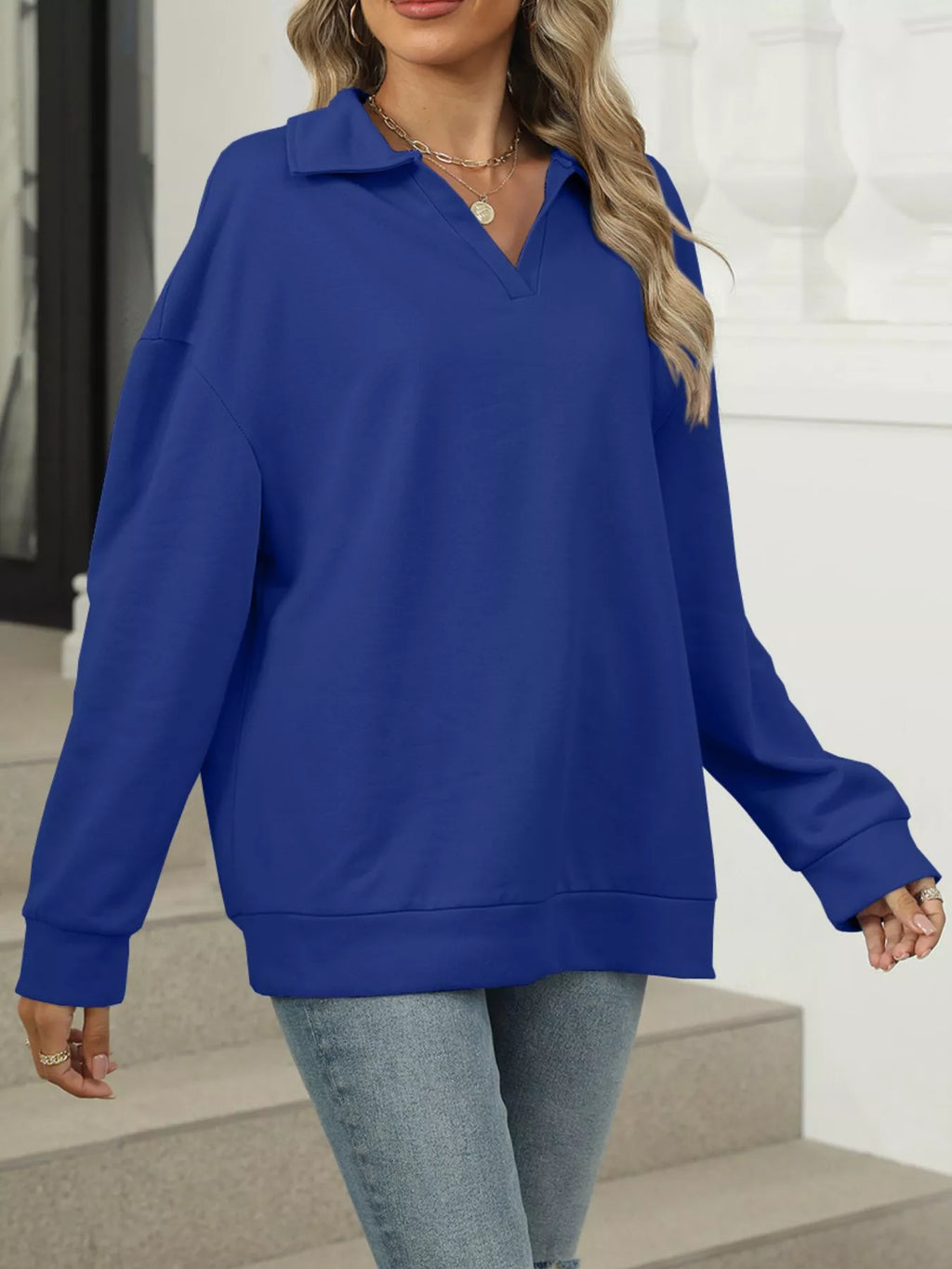 Johnny Collar Drop Shoulder Long Sleeve Sweatshirt