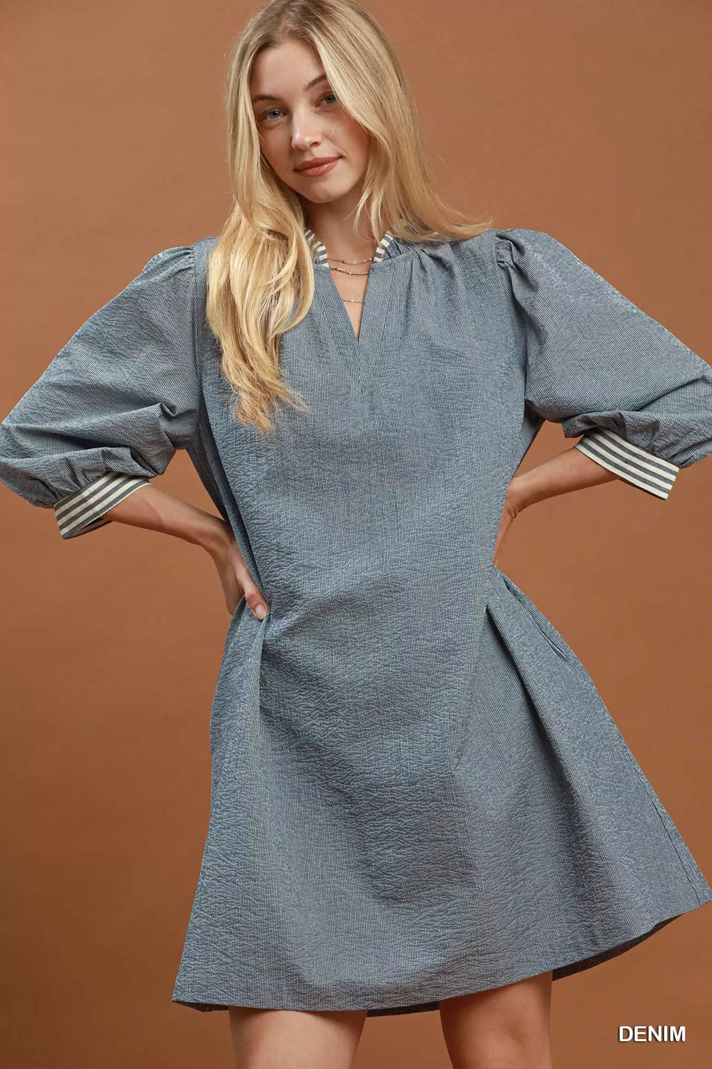 Umgee Textured Contrast Trim Tie Waist Mini Dress