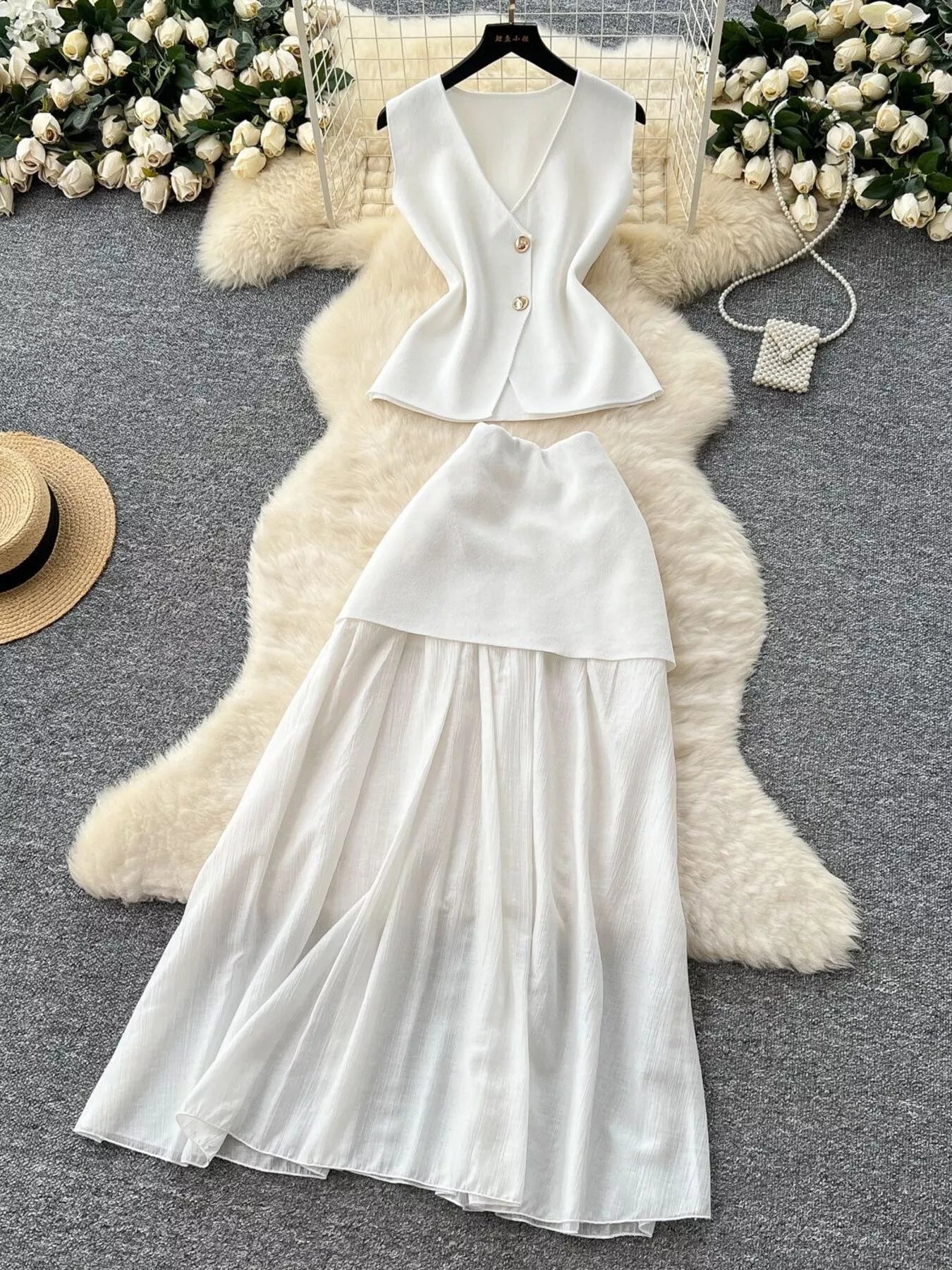 Button Up Sleeveless Top and Skirt Set
