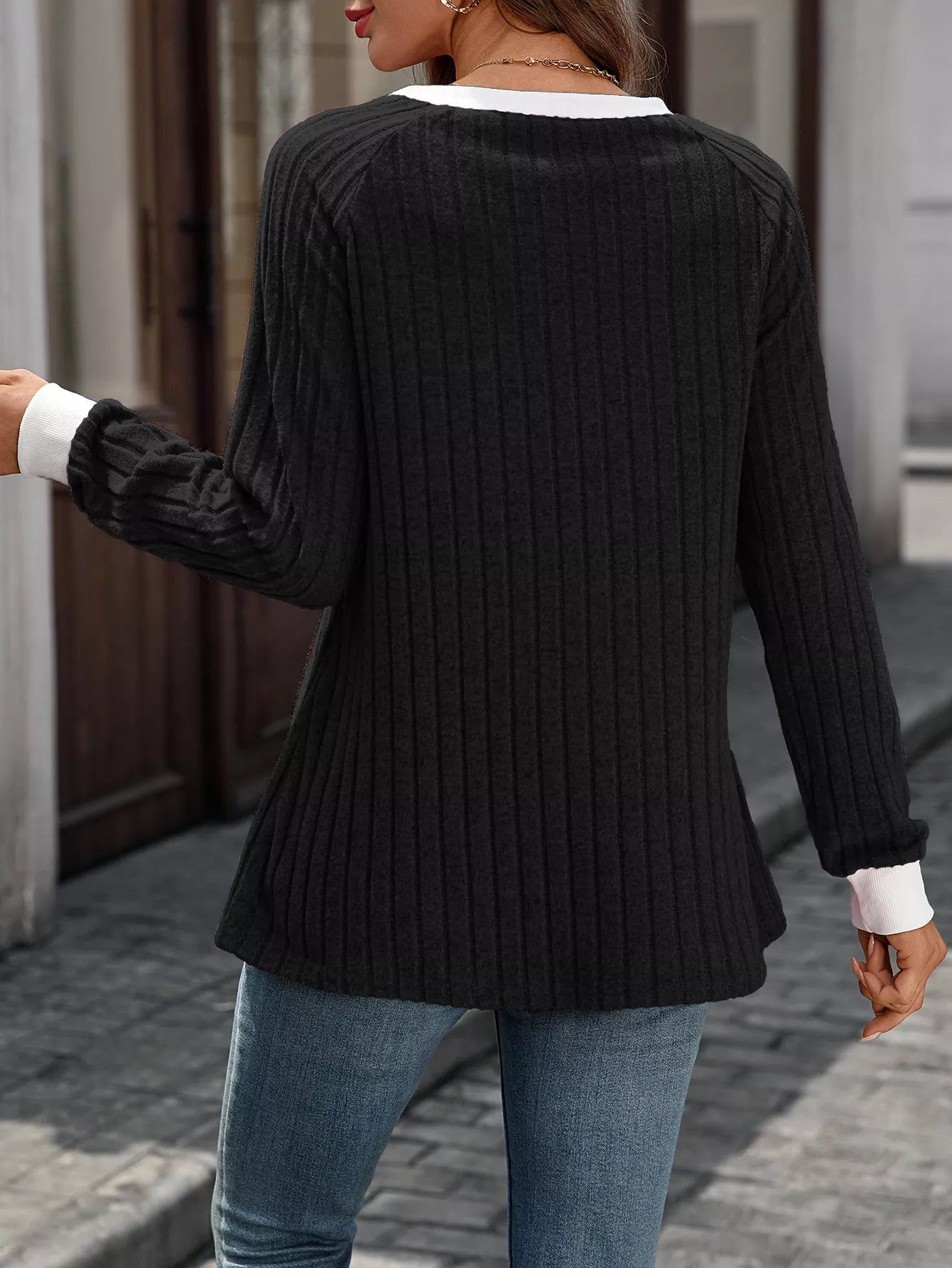 Ribbed Round Neck Raglan Sleeve Knit Top