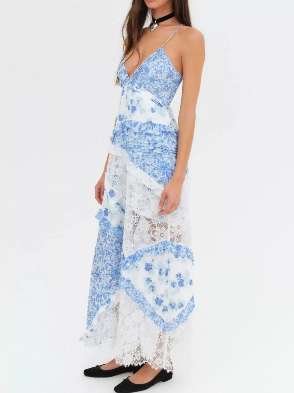 Lace Floral Print Ruffle Trim Maxi Dress
