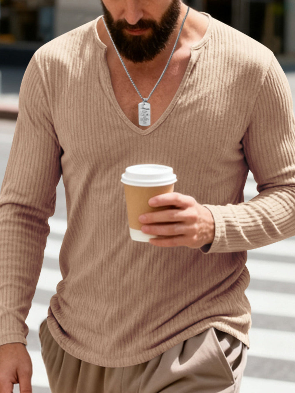 Men's Full Size Casual Ribbed Long Sleeve T-Shirt Plus Size