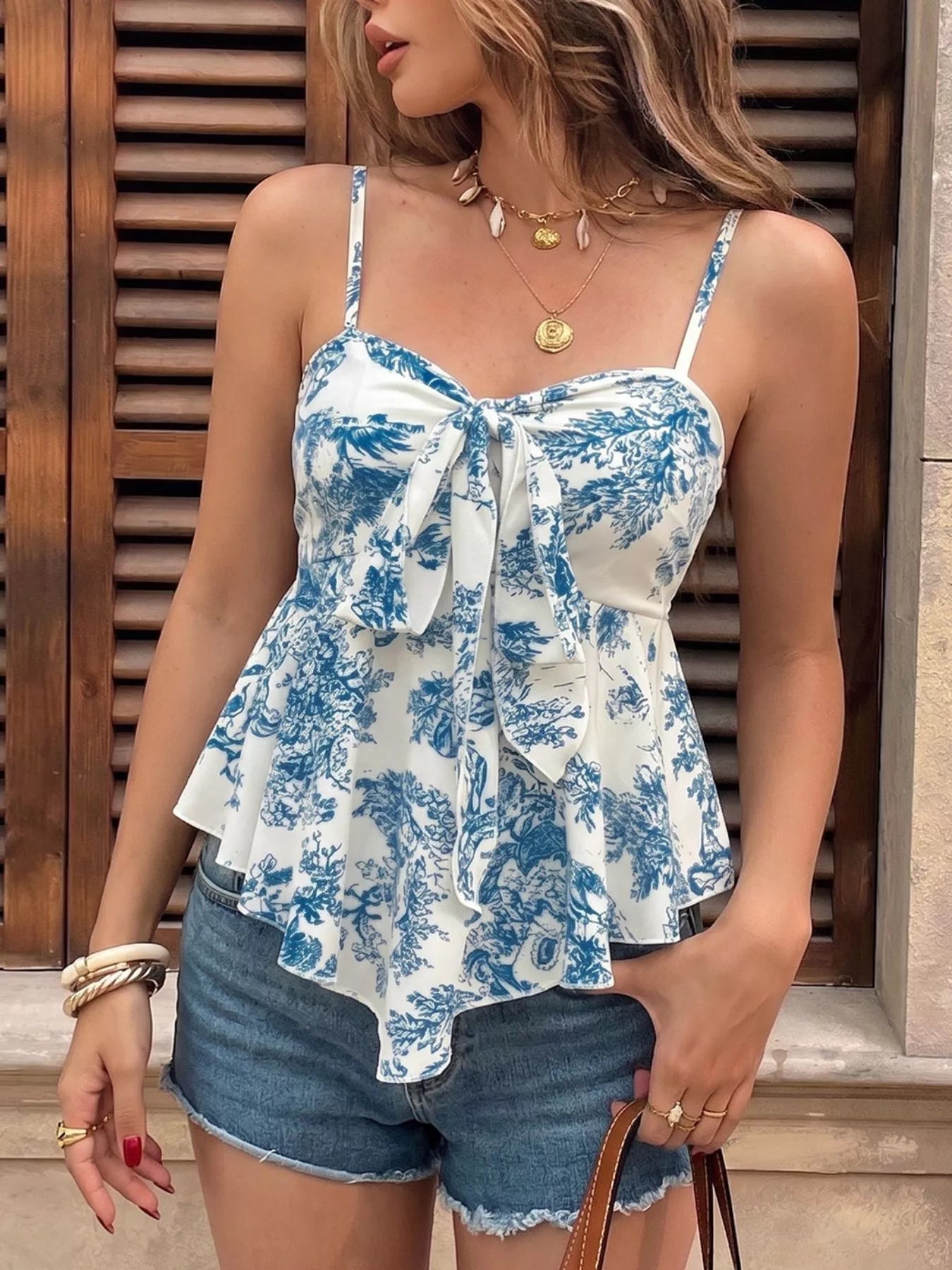 Floral Print Tie Front Ruffle Hem Cami