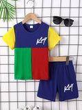 Children's Color Block Round Neck Tee and Shorts Set
