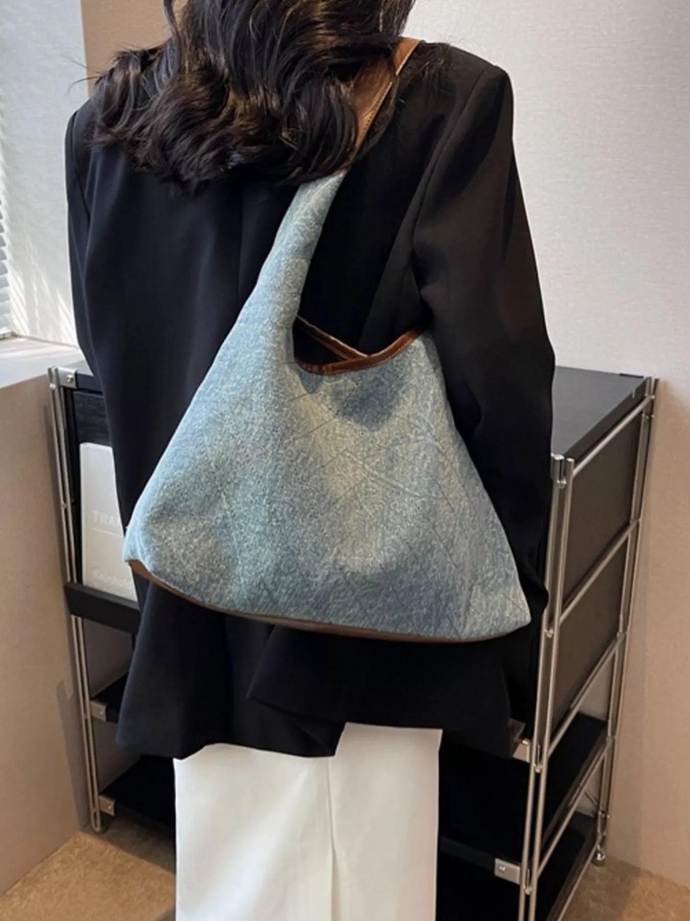 Denim Shoulder Bag with Leather Trim