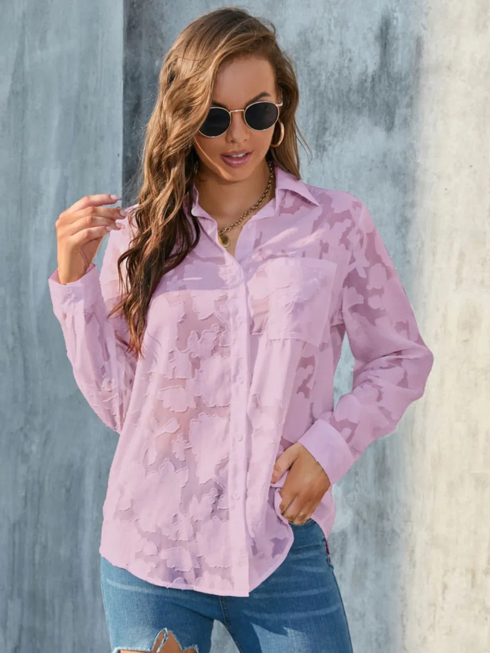 Full Size Collared Neck Long Sleeve Shirt Plus Size
