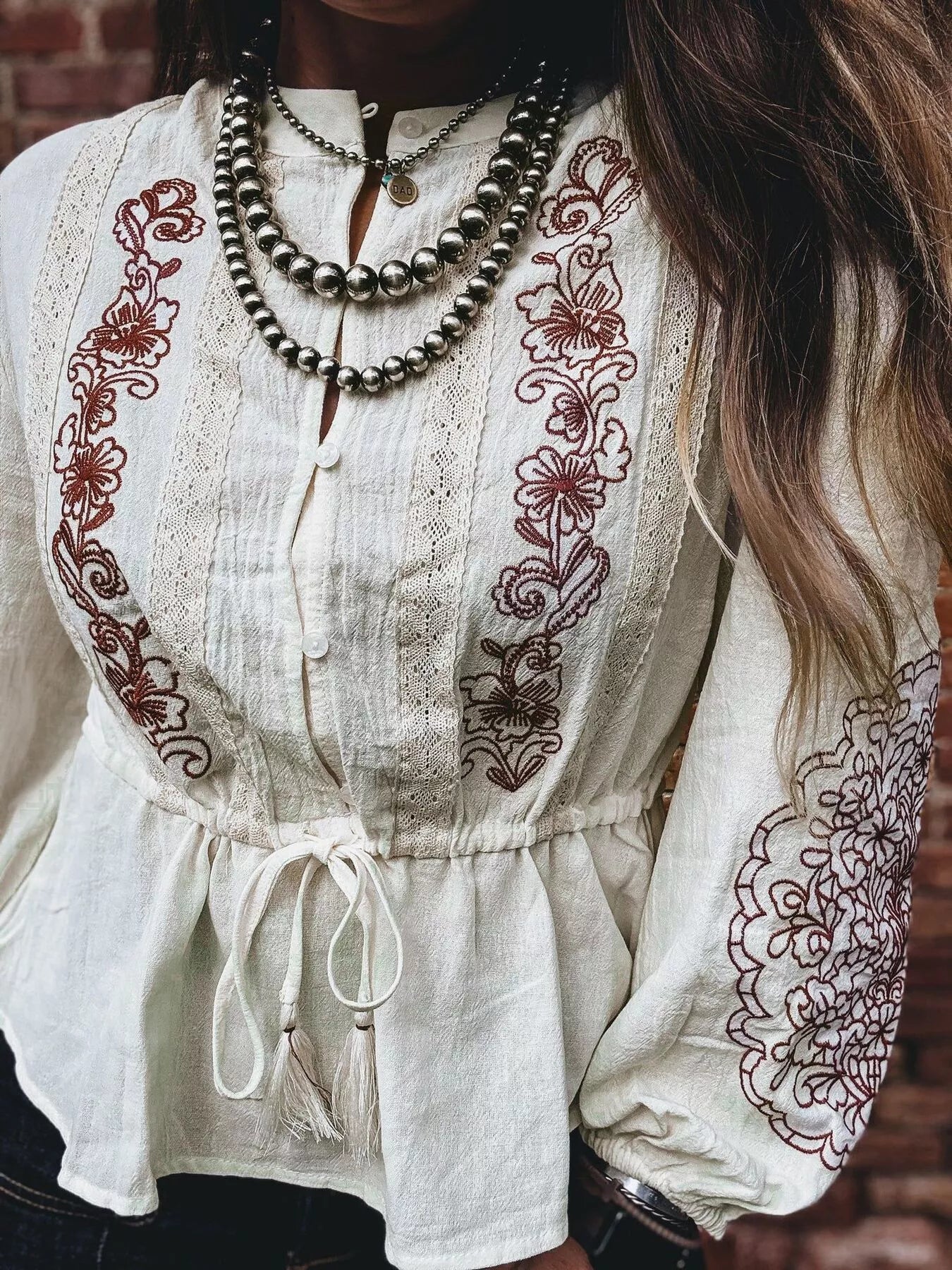 Embroidered Drawstring Waist Blouse