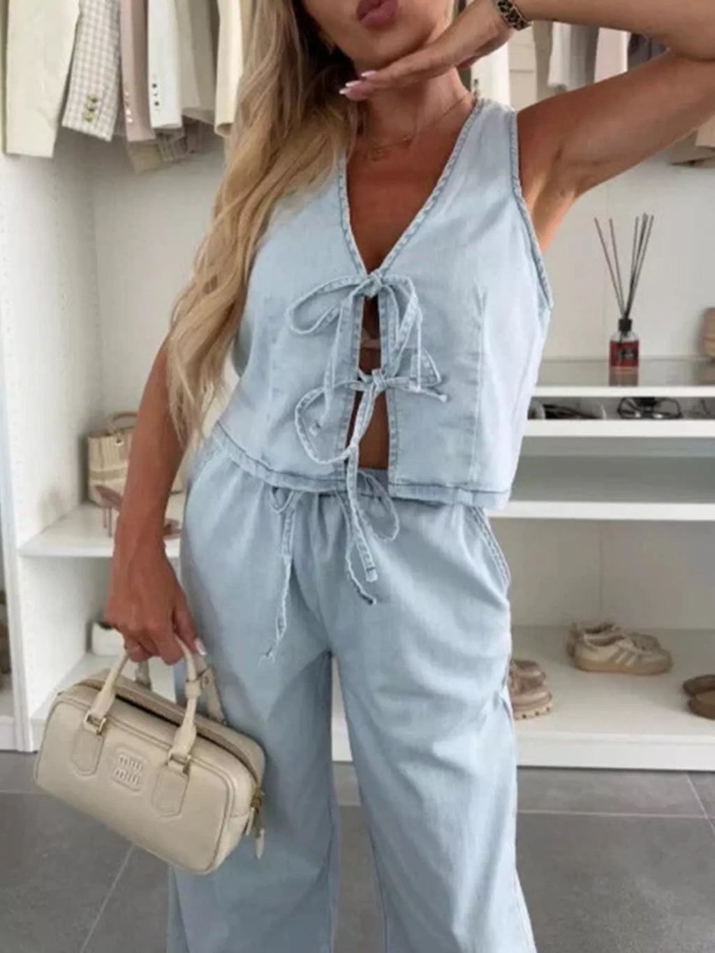 Tie Front Vest and Jeans Denim Set