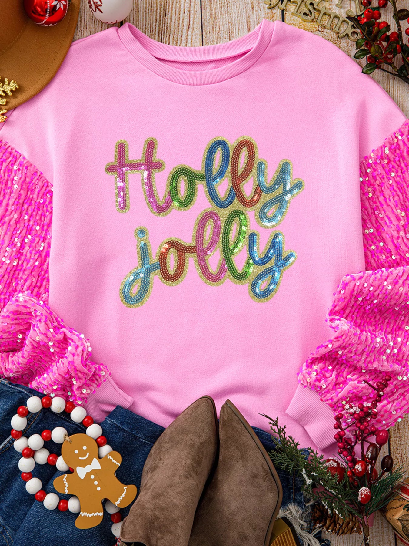 Holly Jolly Sequin Letter Drop Shoulder Long Sleeve Top