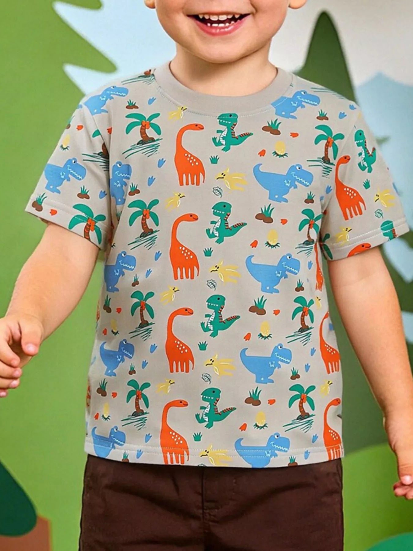 Children's Dinosaur Print Crew Neck Short Sleeve T-Shirt