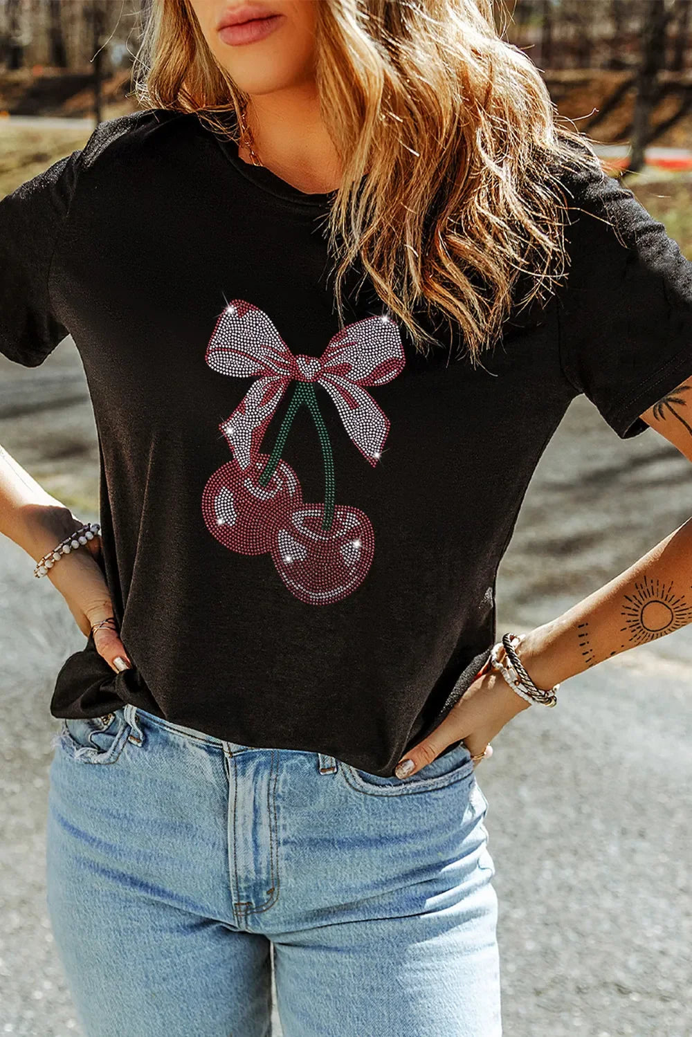 Cherry Graphic Round Neck Short Sleeve T-Shirt