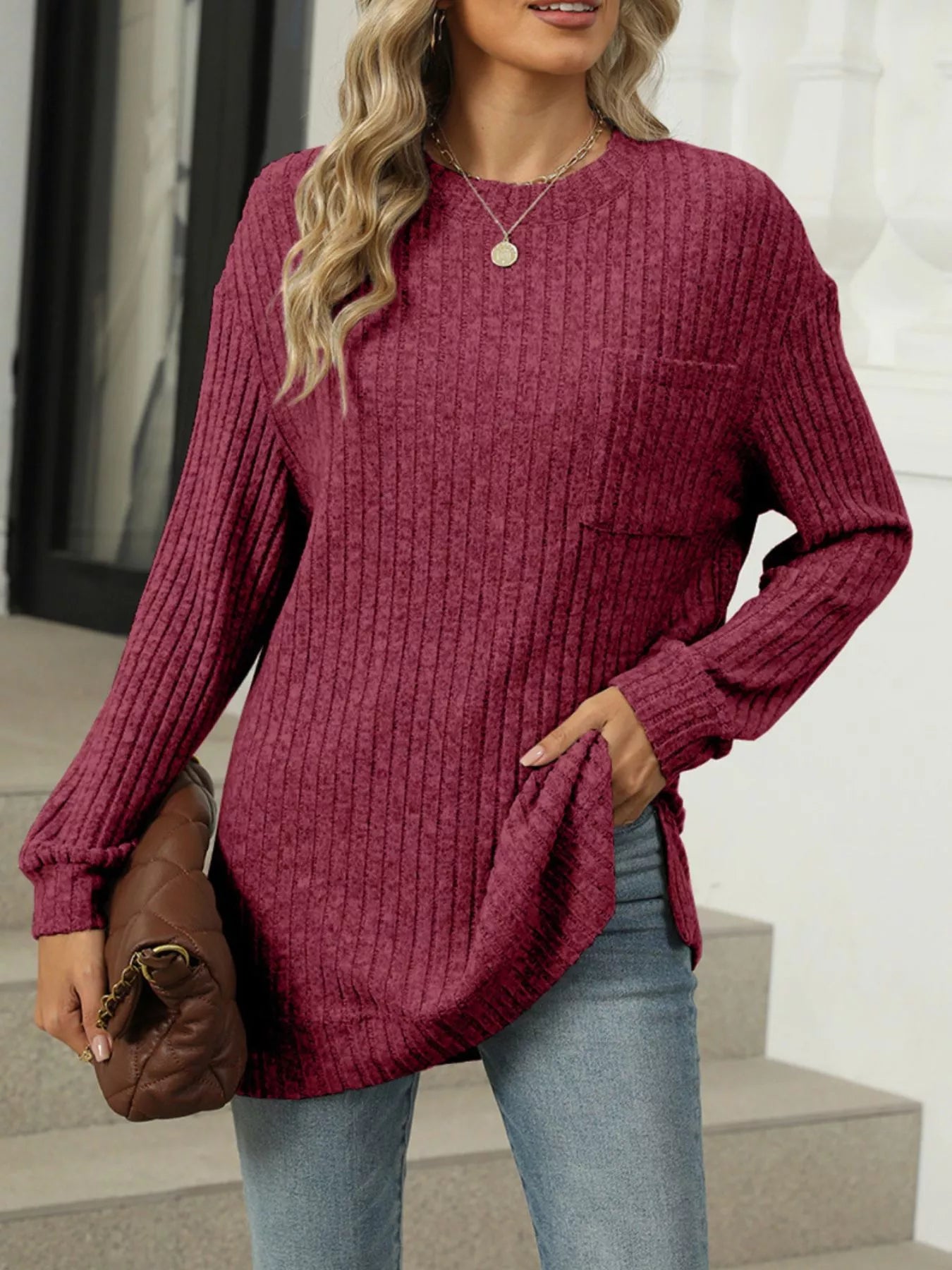 Ribbed Knit Round Neck Sweater