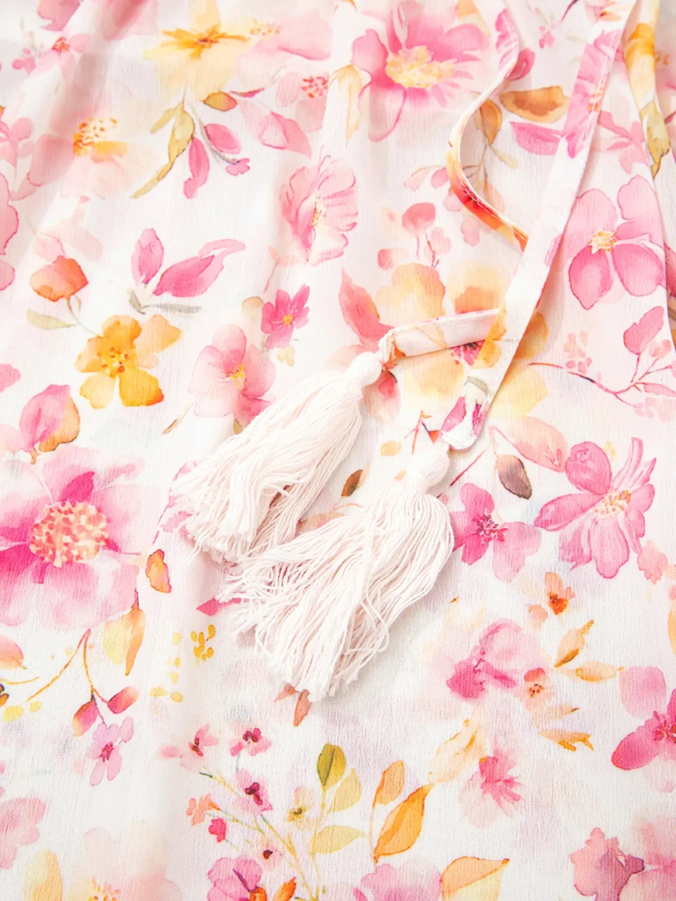 Floral Print Tassel Tie Smocked Puff Sleeve Blouse