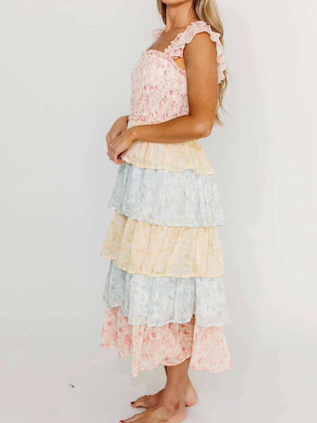 Smocked Ruffle Layered Floral Midi Dress