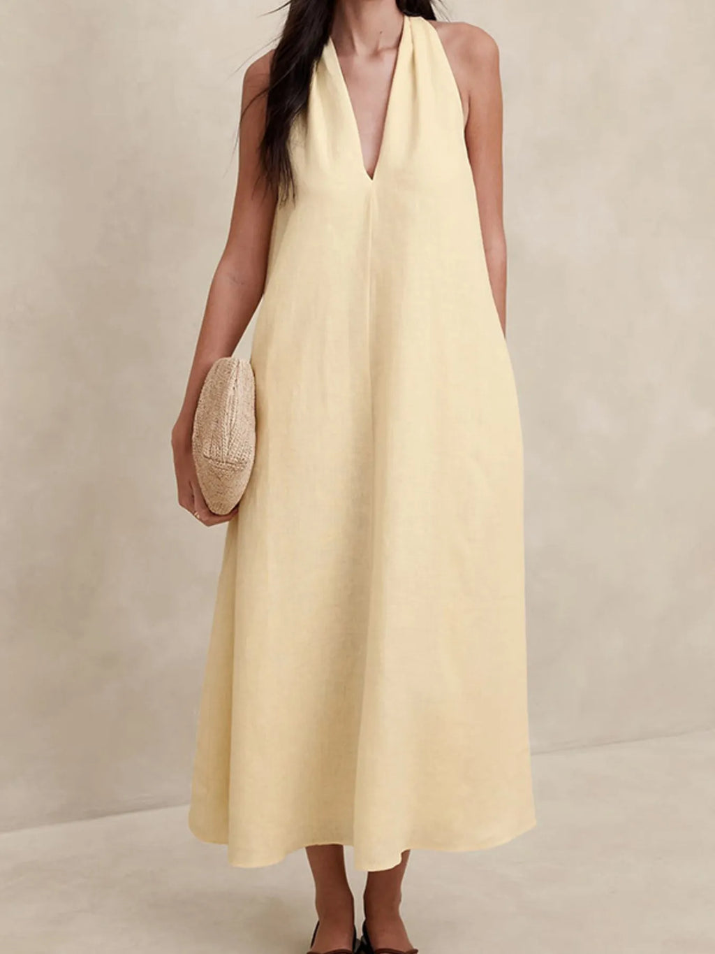 Halter V-Neck Linen Midi Dress