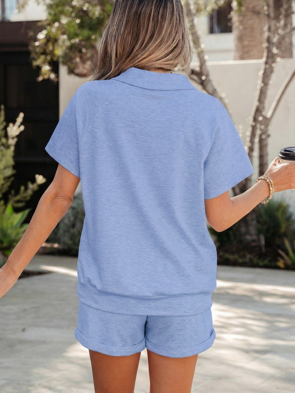 Collared V Neck Tee Drawstring Elastic Waist Shorts 2pcs Outfit