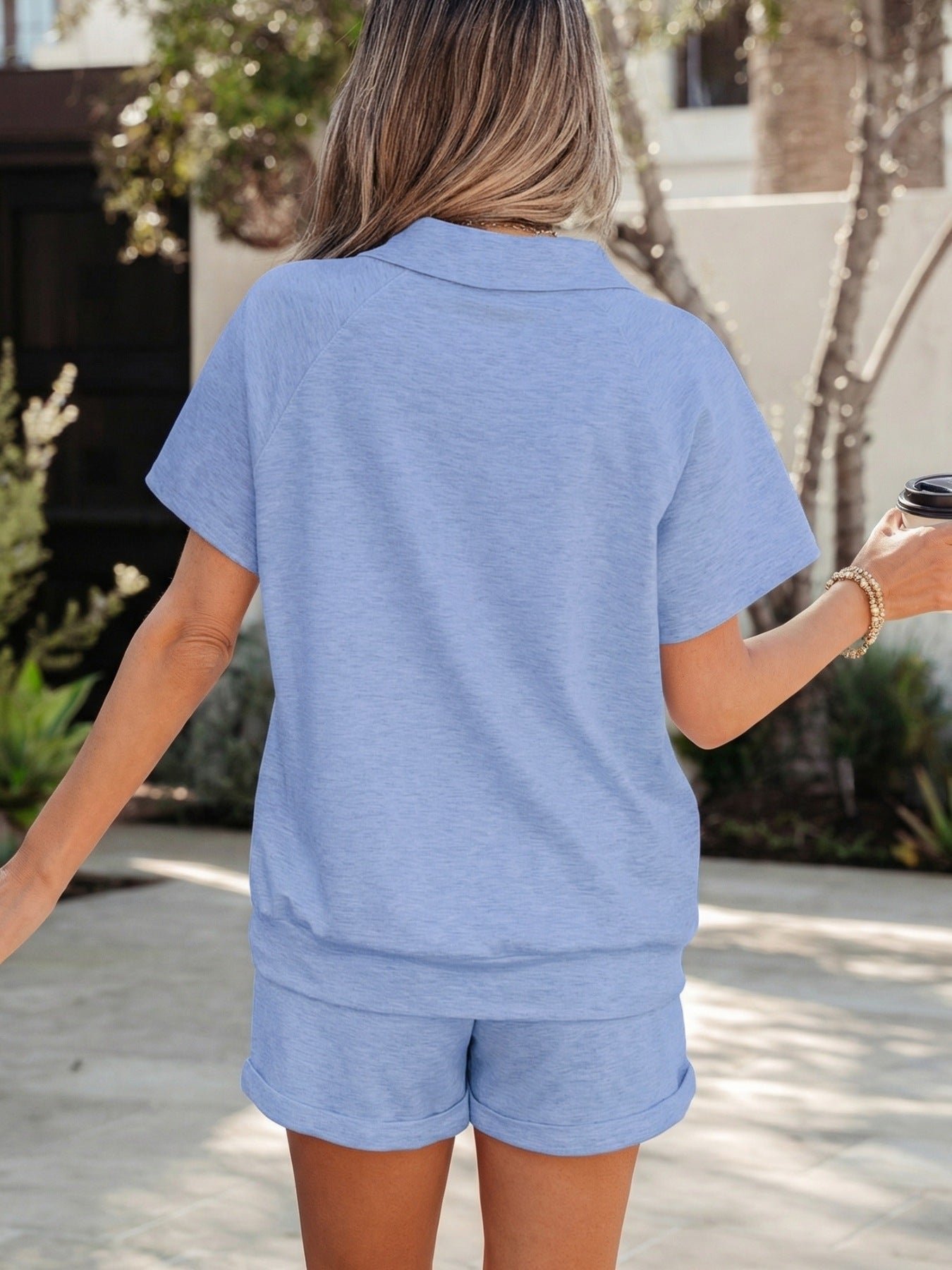 Collared V Neck Tee Drawstring Elastic Waist Shorts 2pcs Outfit