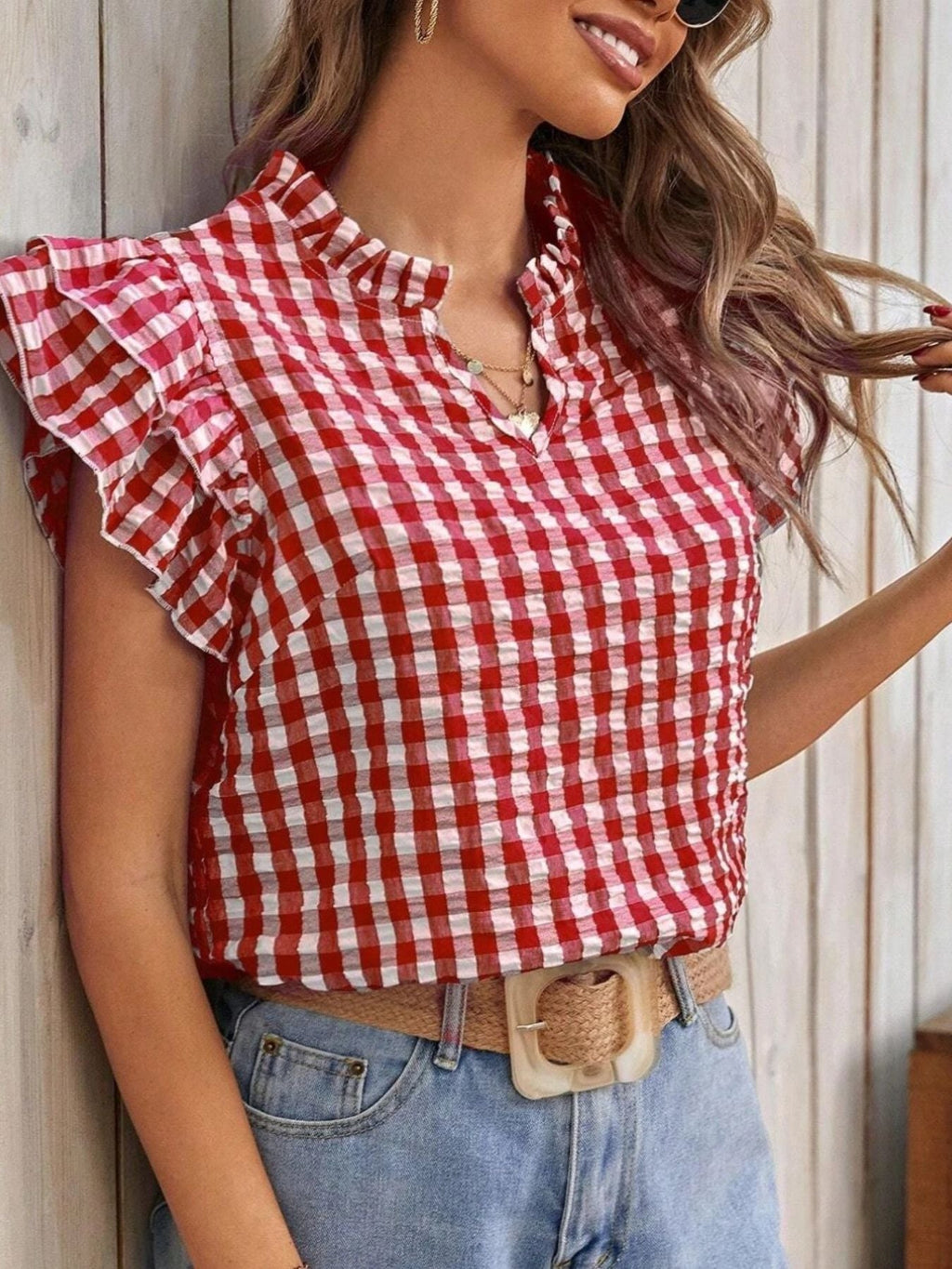 Gingham Ruffle Sleeve Blouse
