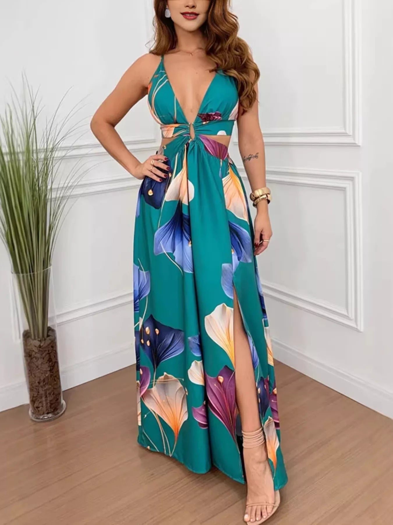 Tropical Print Plunge Cutout Slit Maxi Dress