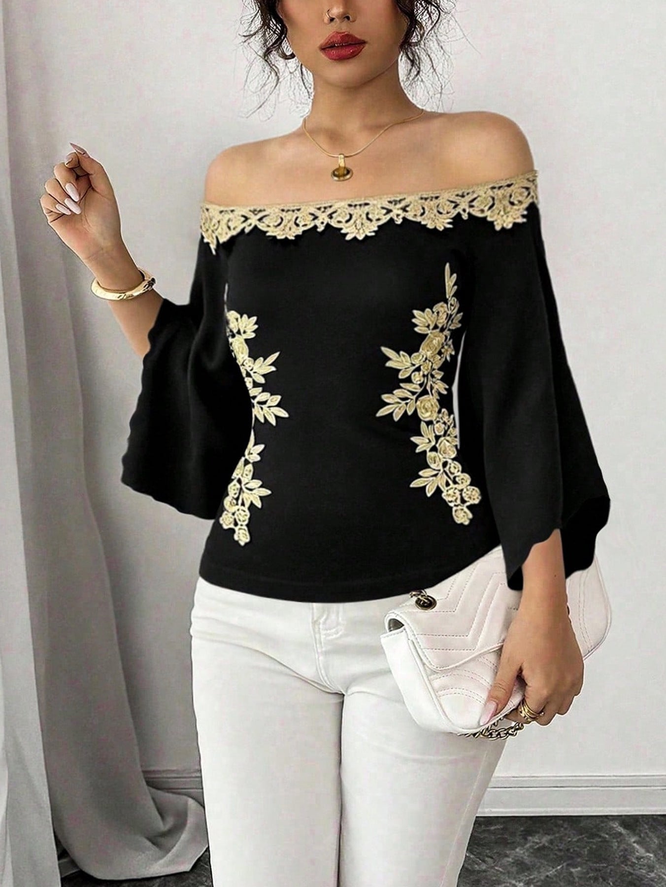 Off-Shoulder Embroidered Bell Sleeve Top