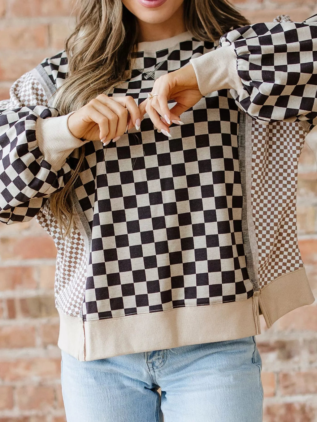 Mixed Checkered Pattern Patchwork High Low Casual Top
