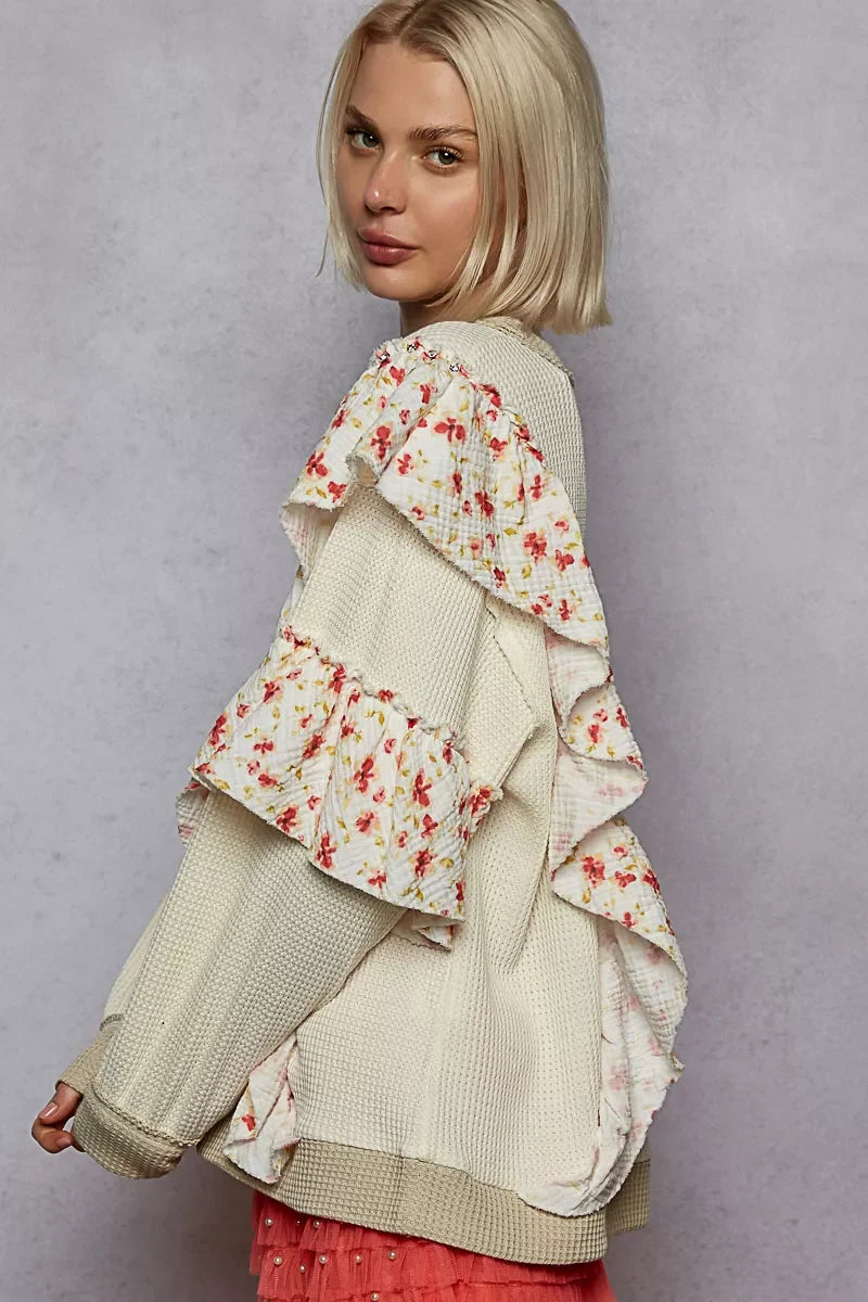 POL Round Neck Sweater with Floral Ruffle Detail