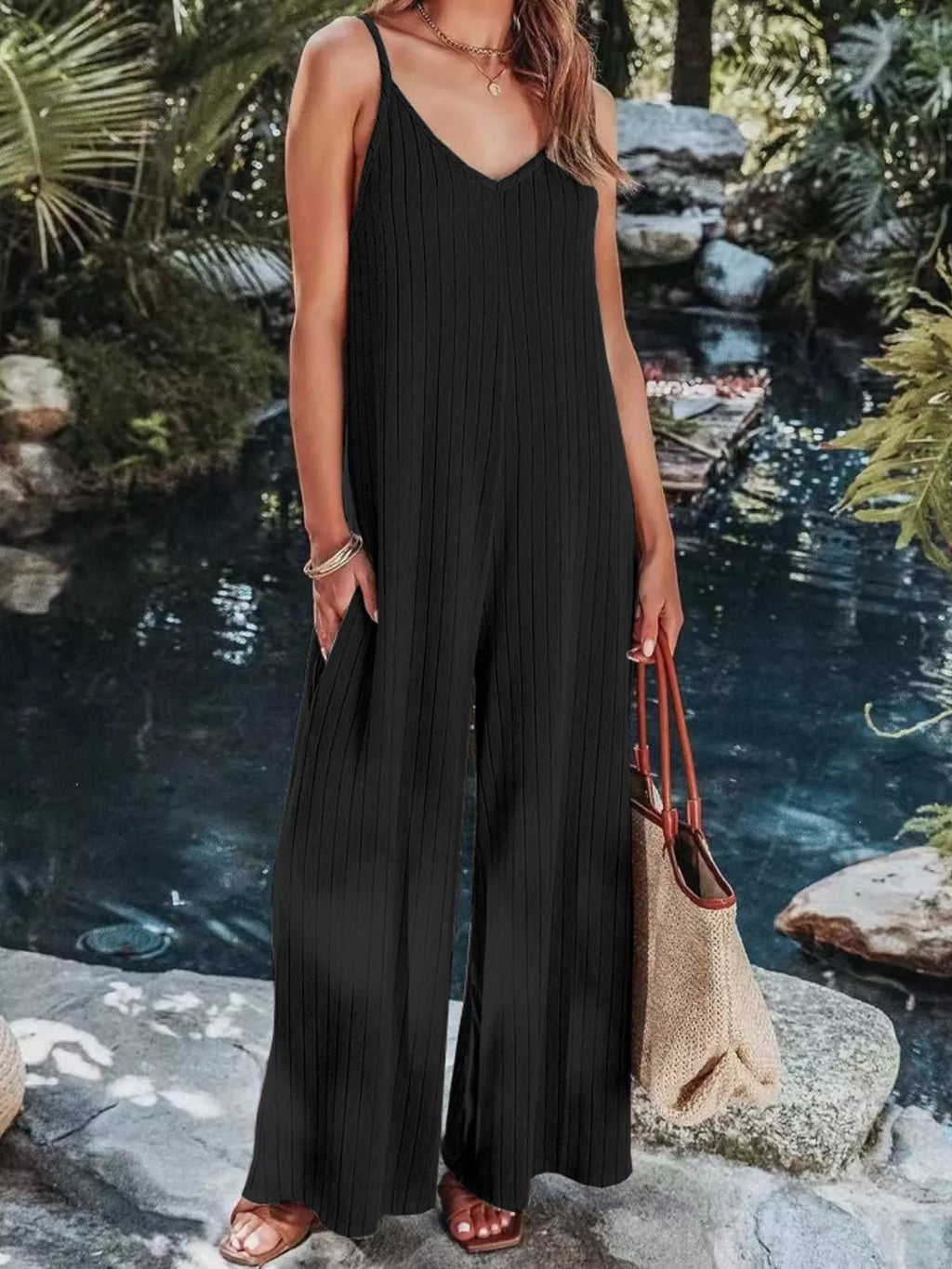 Ribbed V-Neck Wide Leg Jumpsuit