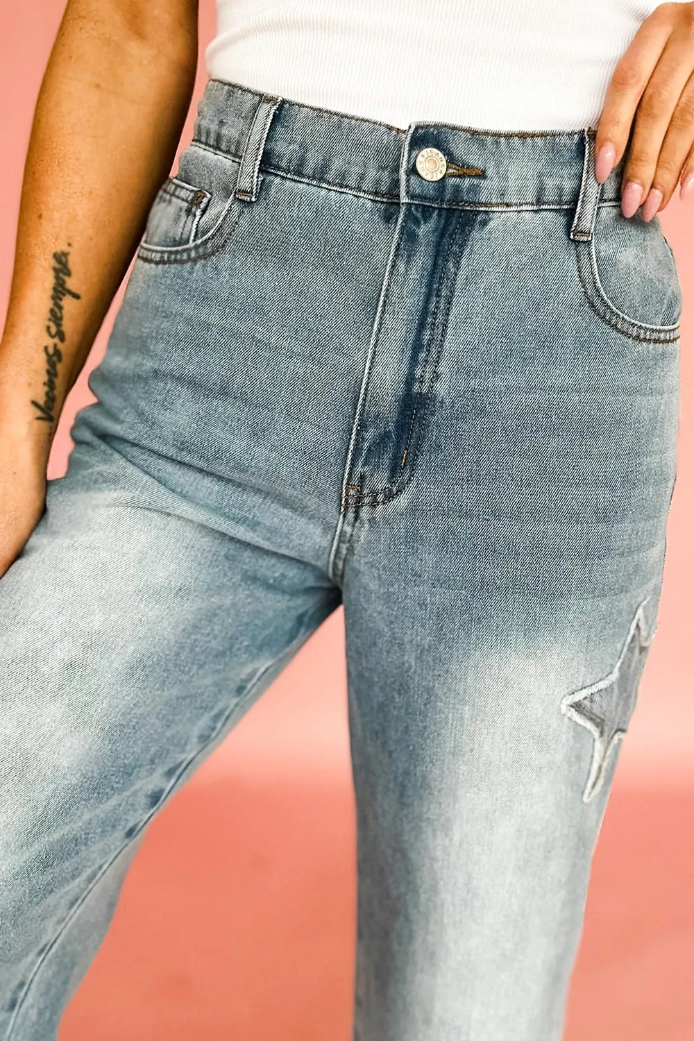 Star Embroidered High Waist Wide Leg Jeans