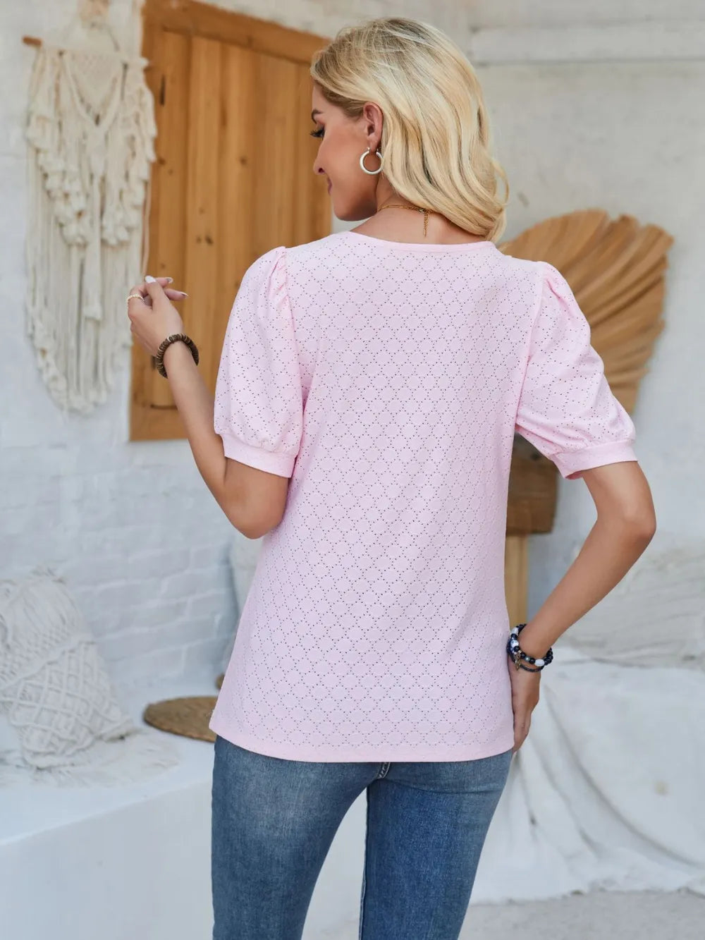 Eyelet Asymmetrical Neck Short Sleeve T-Shirt