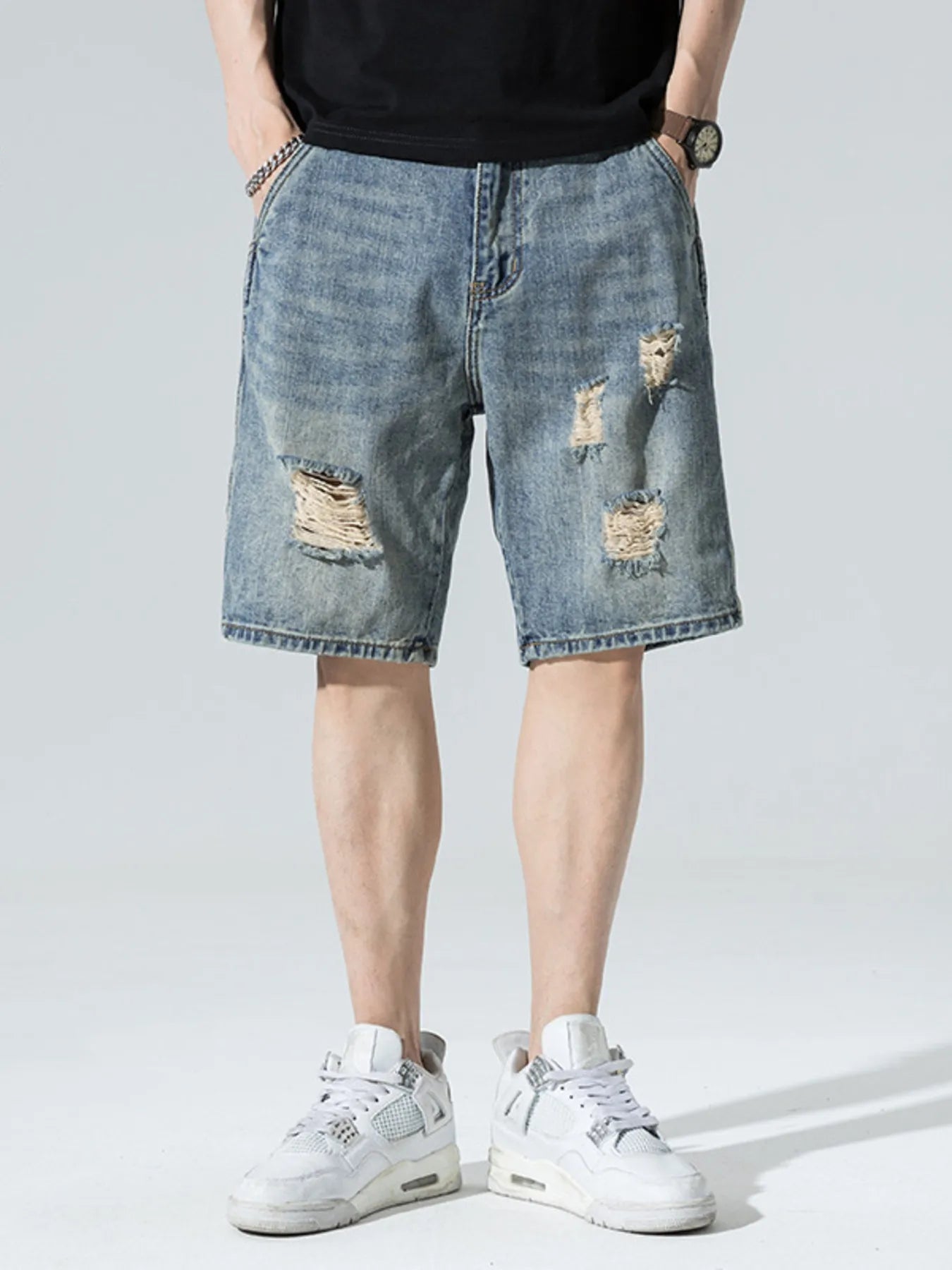 Men's Distressed Wide Leg Denim Shorts