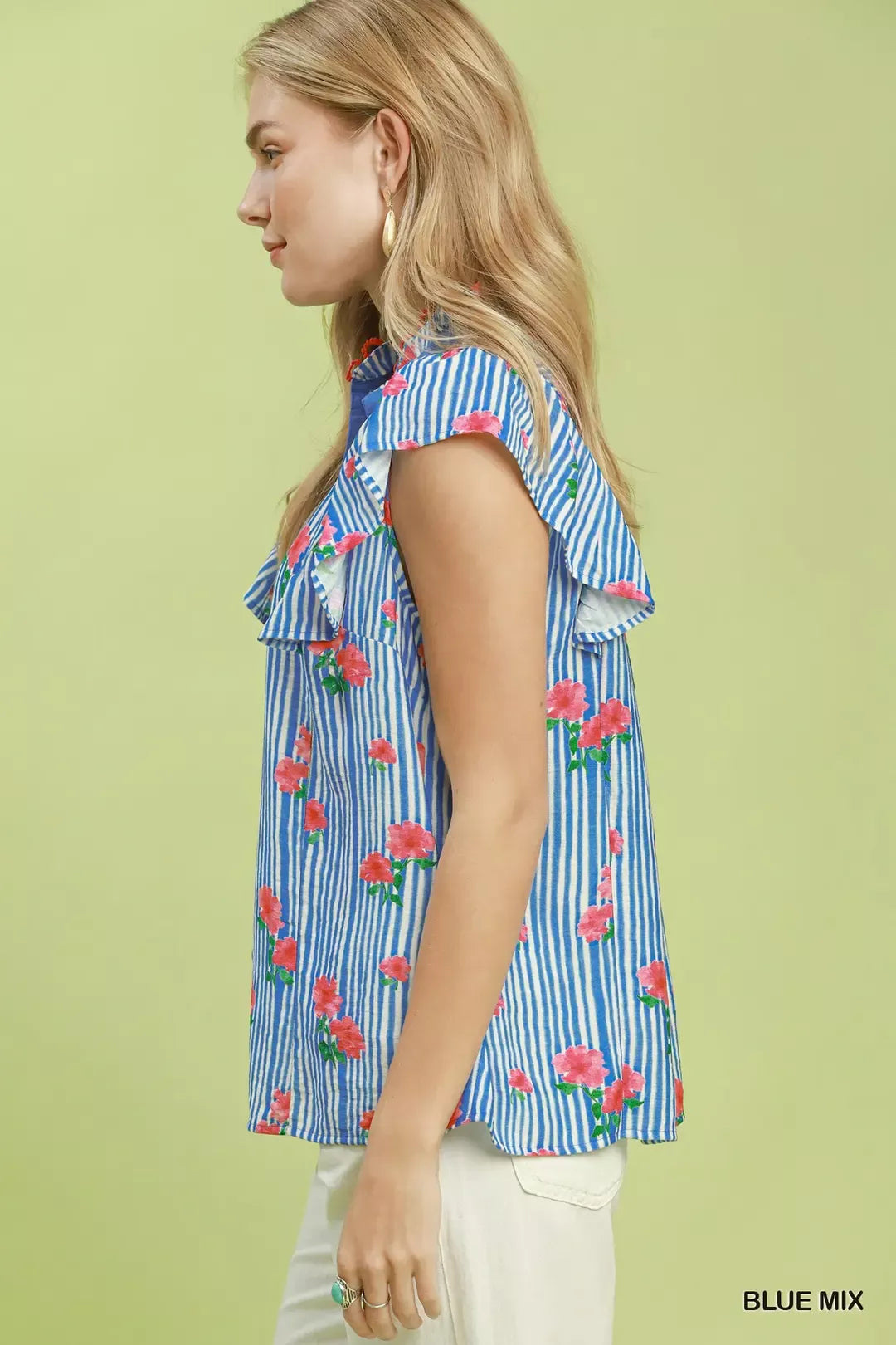 Umgee Striped Floral Ruffle Sleeve Top with Contrast Trim