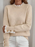 Lace Trim Button Cuff Long Sleeve Sweater