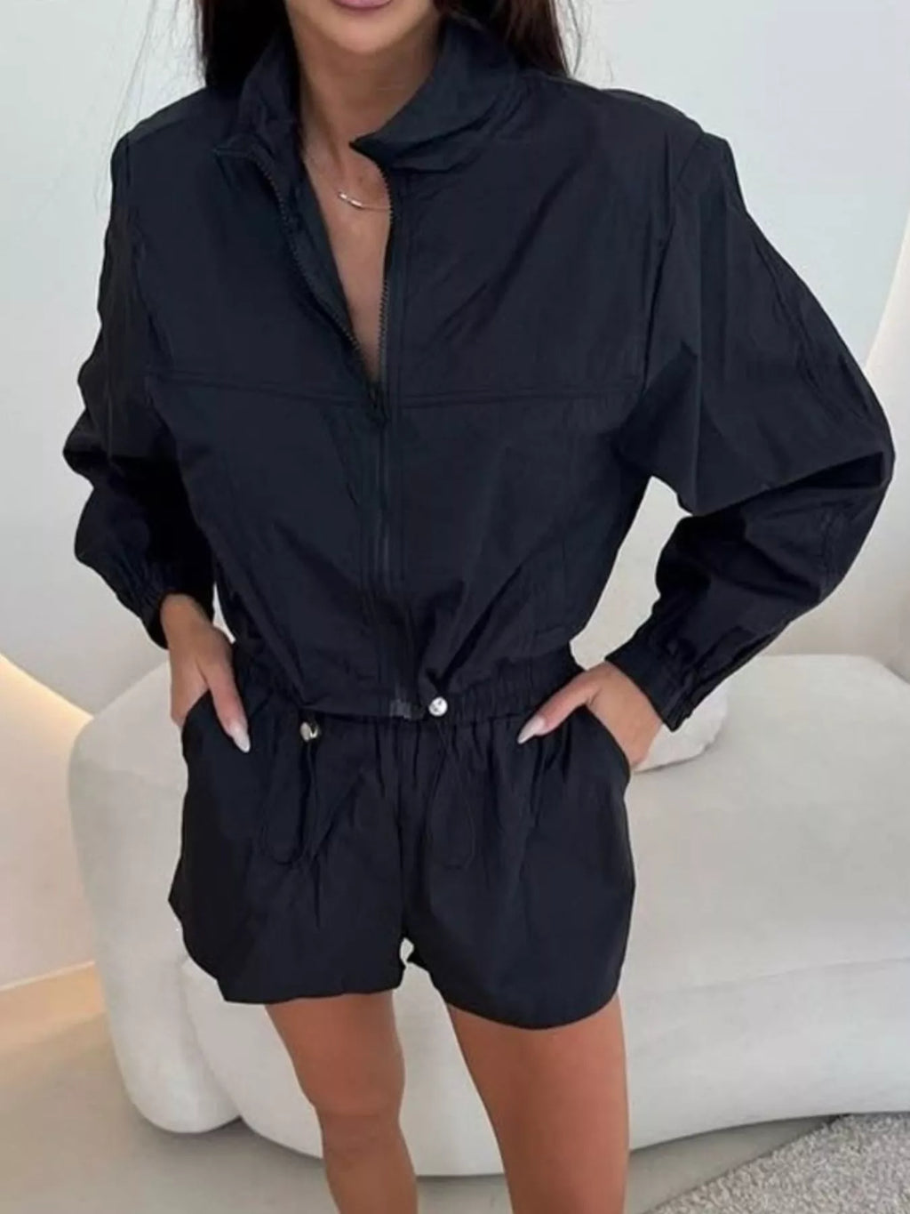Zip Up Long Sleeve Outerwear and Shorts Set
