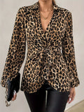 Leopard Print Tie Front Long Sleeve Blouse