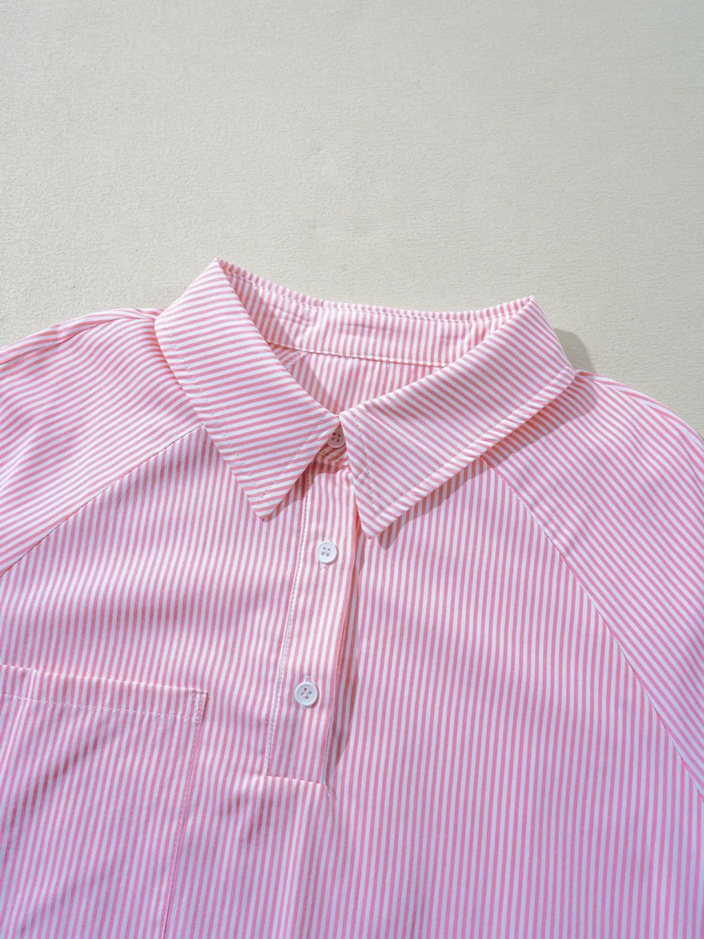 Pinstripe Long Sleeve Smocked Cuffs Button Shirt Collar Blouse