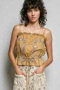 POL Button Down Floral Embroidered Cropped Cami with Lace Detail