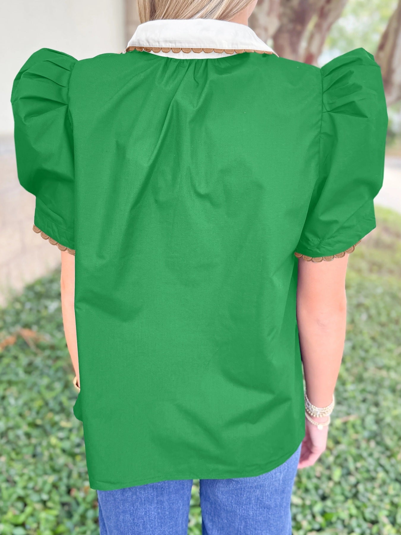 Ricrac Trim Color Block Patchwork Shirt Collar Short Sleeve Blouse